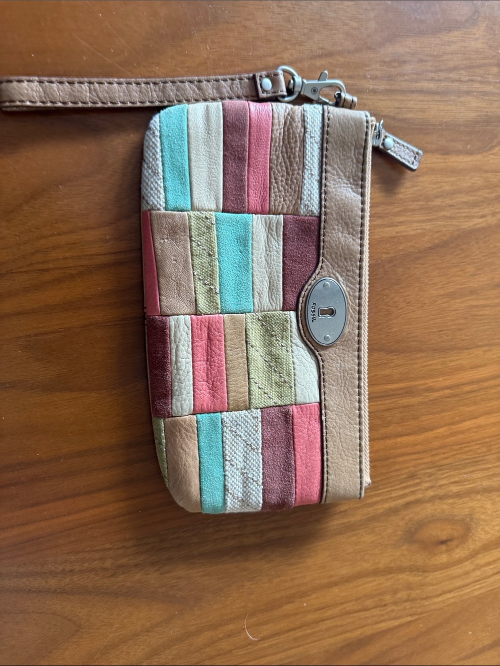 Fossil Brand Patchwork Multicolor Leather Wristlet Clutch - Tan Trim